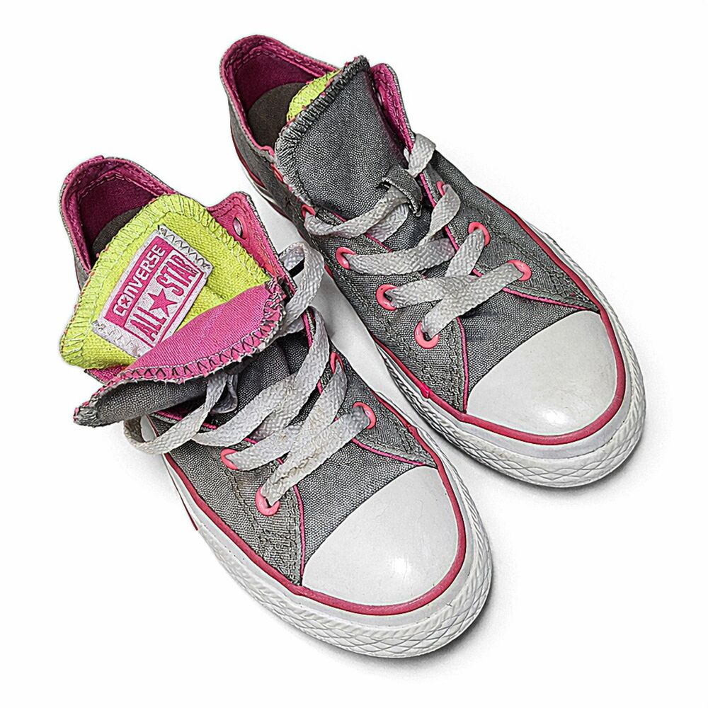 Converse All Star Double Tongue Sneakers Gray Pink Neon Junior Size 1 - VGUC